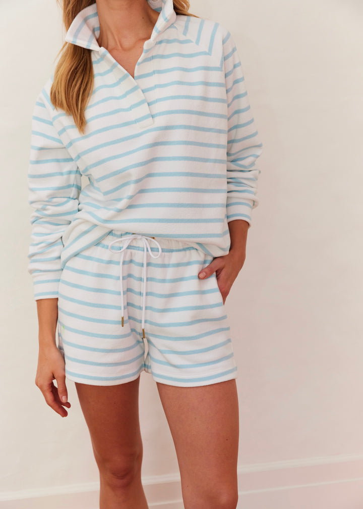 Seabreeze Short in Terry Fleece (Crystal Blue/White Mariner Stripe)