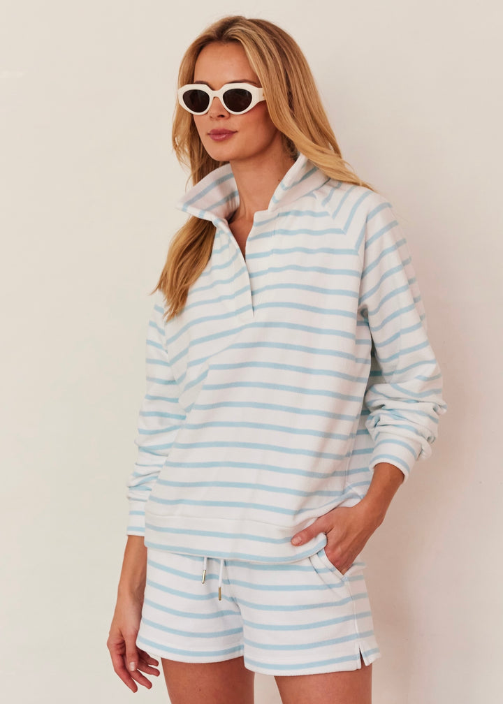 Ingrid Pullover in Terry Fleece (Crystal Blue/White Mariner Stripe)