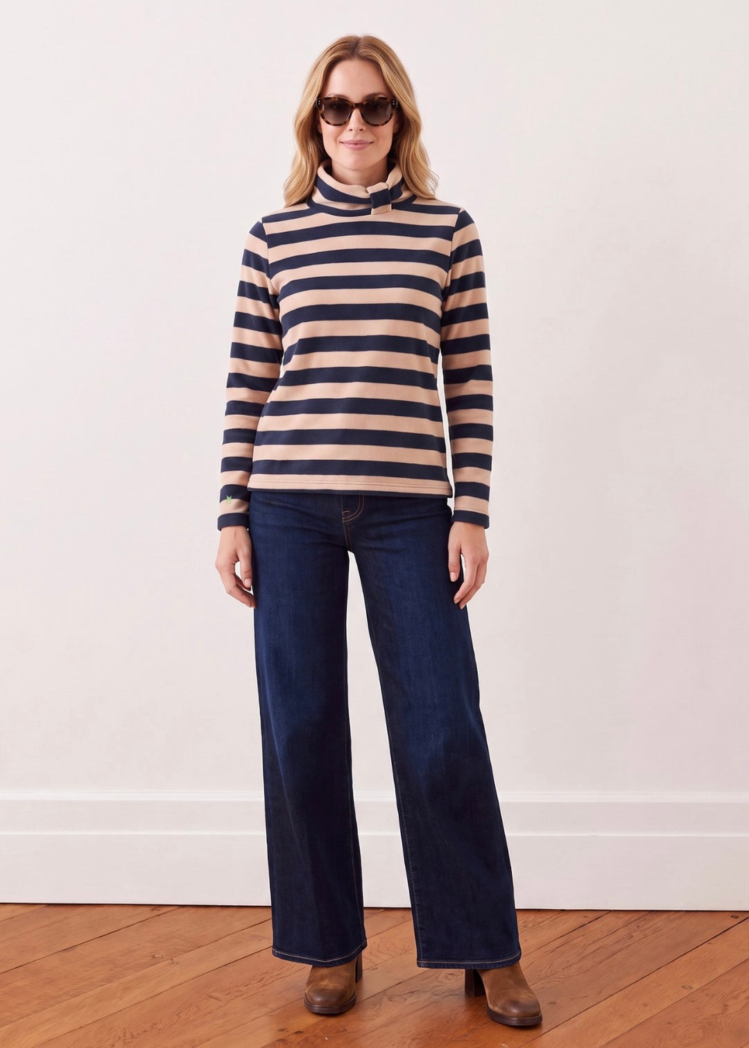 Juliet Turtleneck in Vello Fleece (Navy/Tan Stripe)