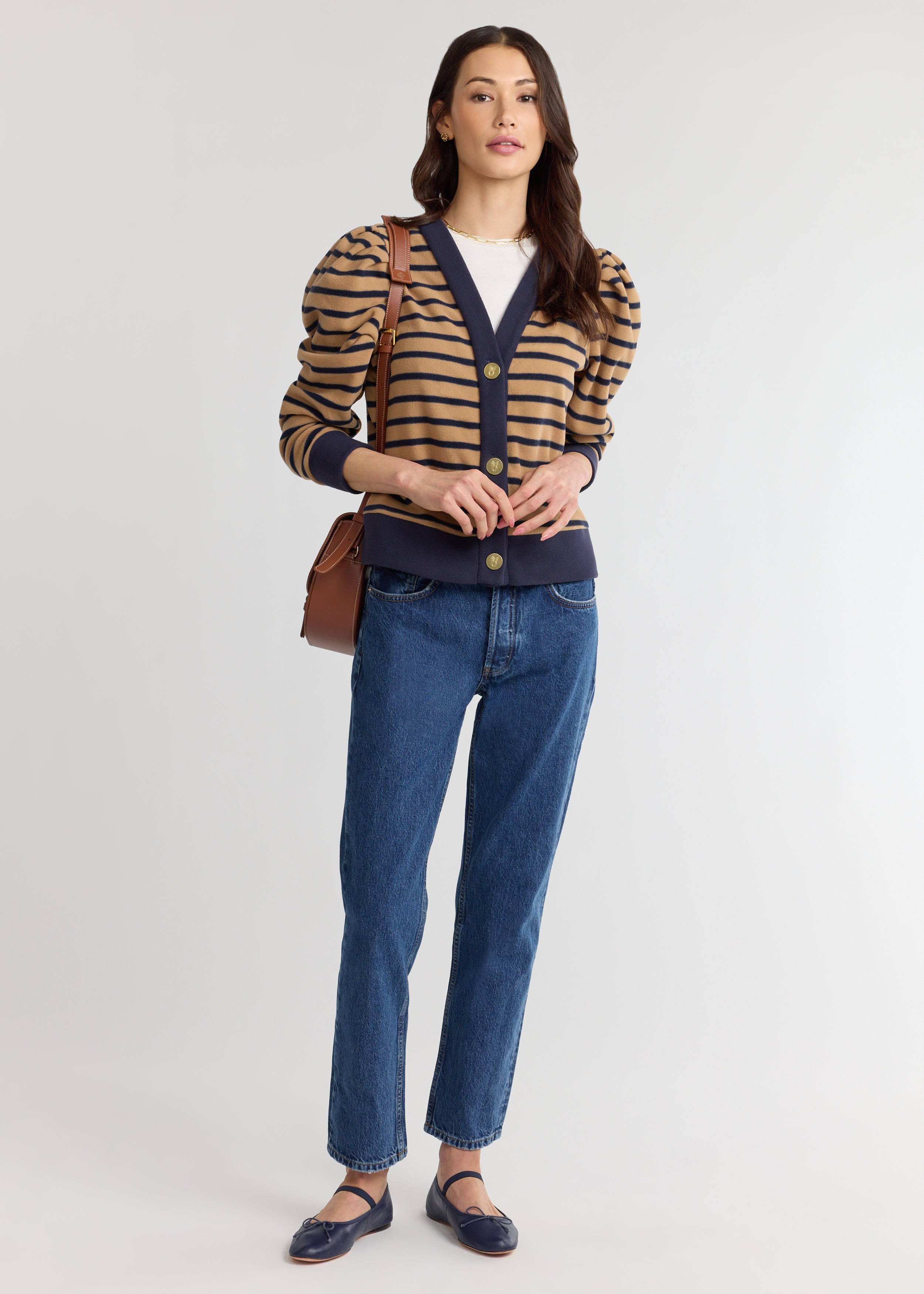Kelly Puff Sleeve Cardigan in Vello Fleece (Camel/Navy Mariner