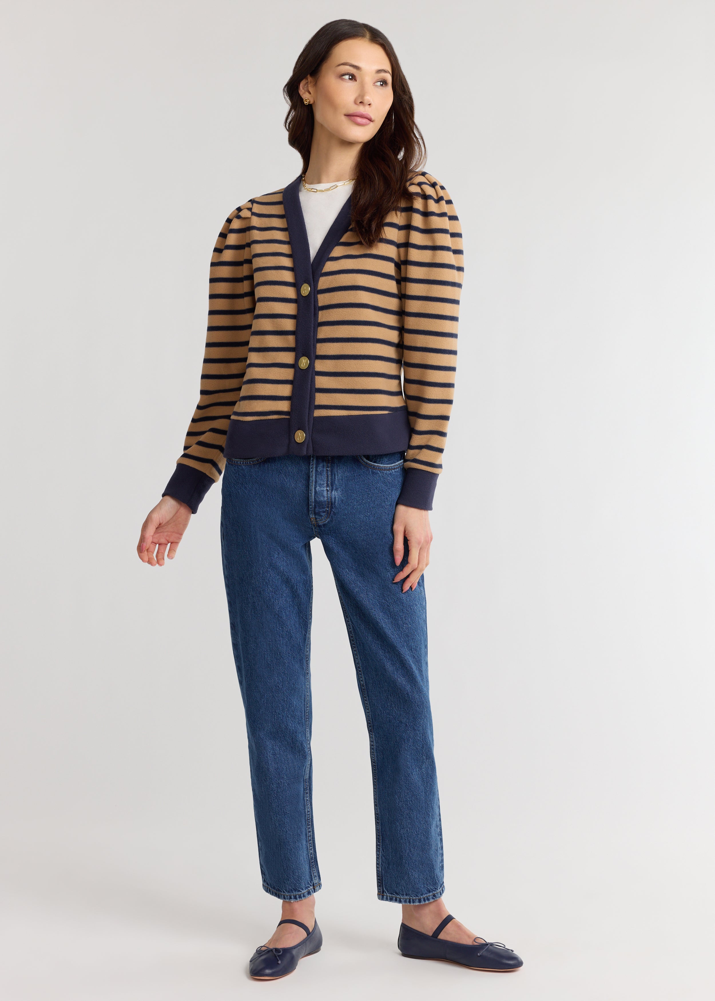 Kelly Puff Sleeve Cardigan in Vello Fleece (Camel/Navy Mariner
