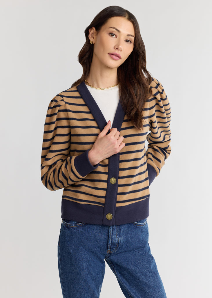 Kelly Puff Sleeve Cardigan in Vello Fleece (Camel/Navy Mariner