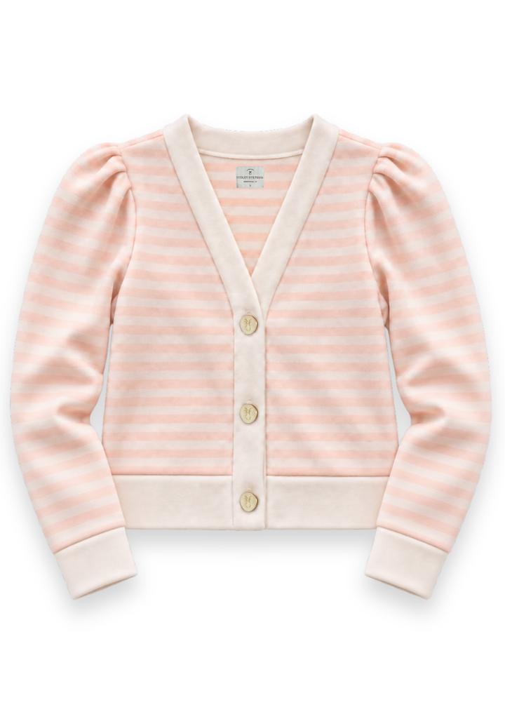 Kelly Puff Sleeve Cardigan in Vello Fleece (Powder Blush/Cream Stripe)