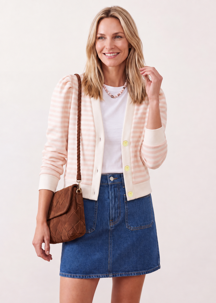 Kelly Puff Sleeve Cardigan in Vello Fleece (Powder Blush/Cream Stripe)