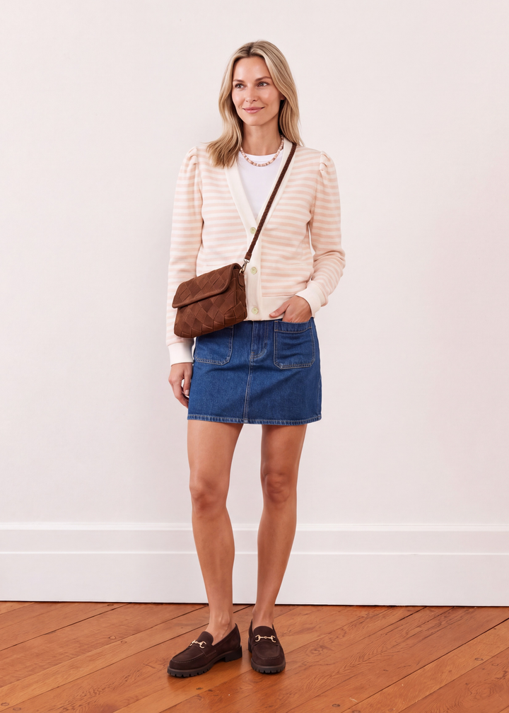 Kelly Puff Sleeve Cardigan in Vello Fleece (Powder Blush/Cream Stripe)