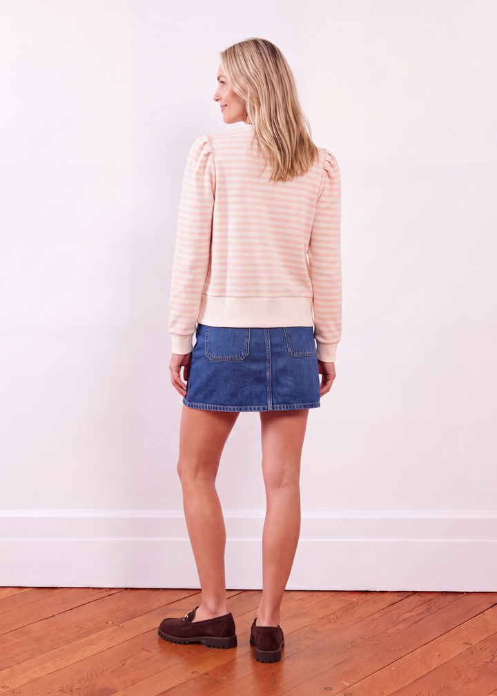 Kelly Puff Sleeve Cardigan in Vello Fleece (Powder Blush/Cream Stripe)