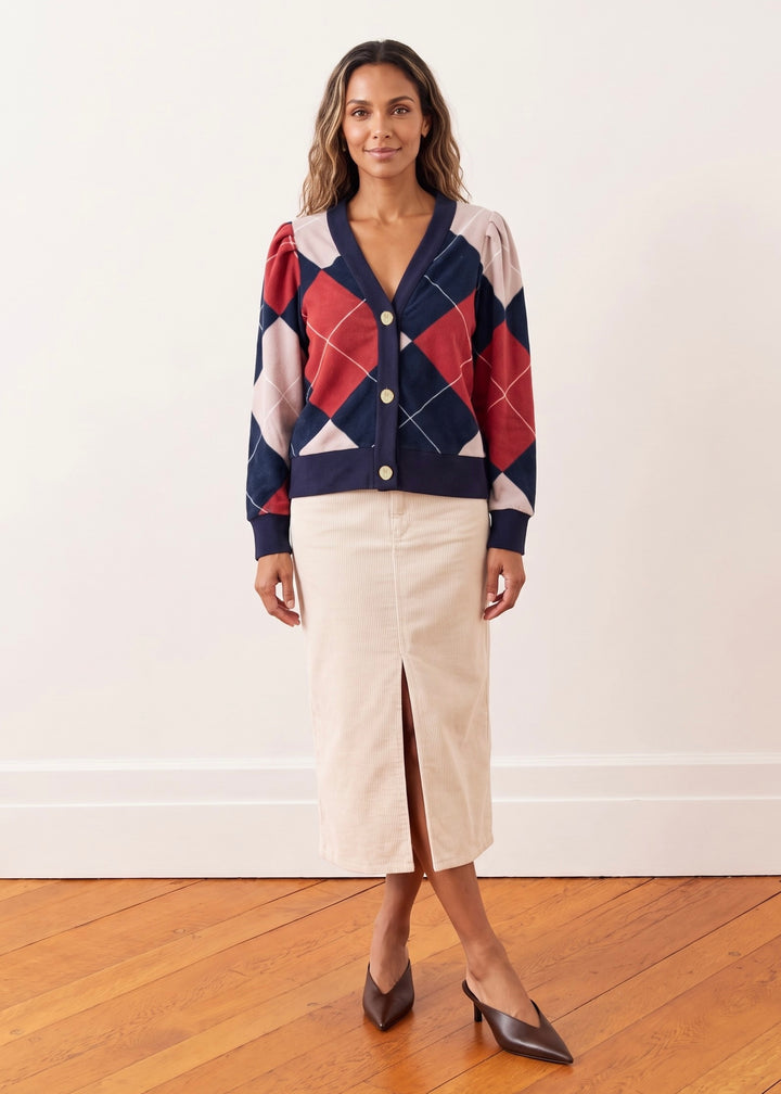 Kelly Puff Sleeve Cardigan in Vello Fleece (Oversized Plaid)