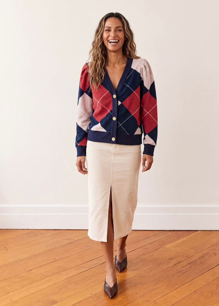 Kelly Puff Sleeve Cardigan in Vello Fleece (Oversized Plaid)