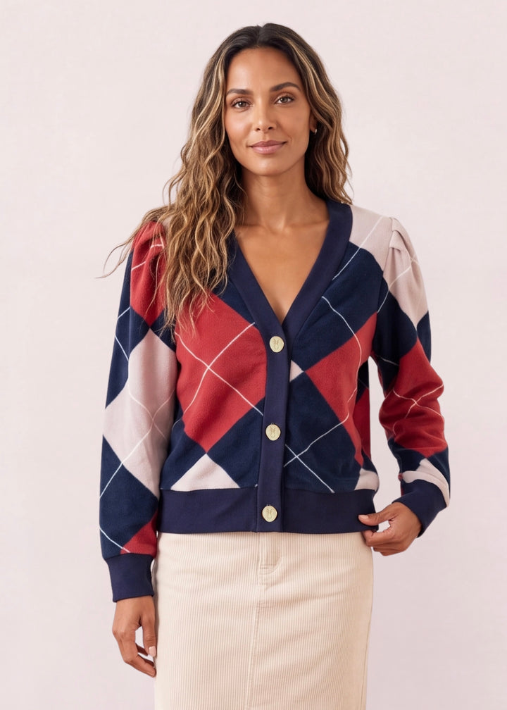 Kelly Puff Sleeve Cardigan in Vello Fleece (Oversized Plaid)