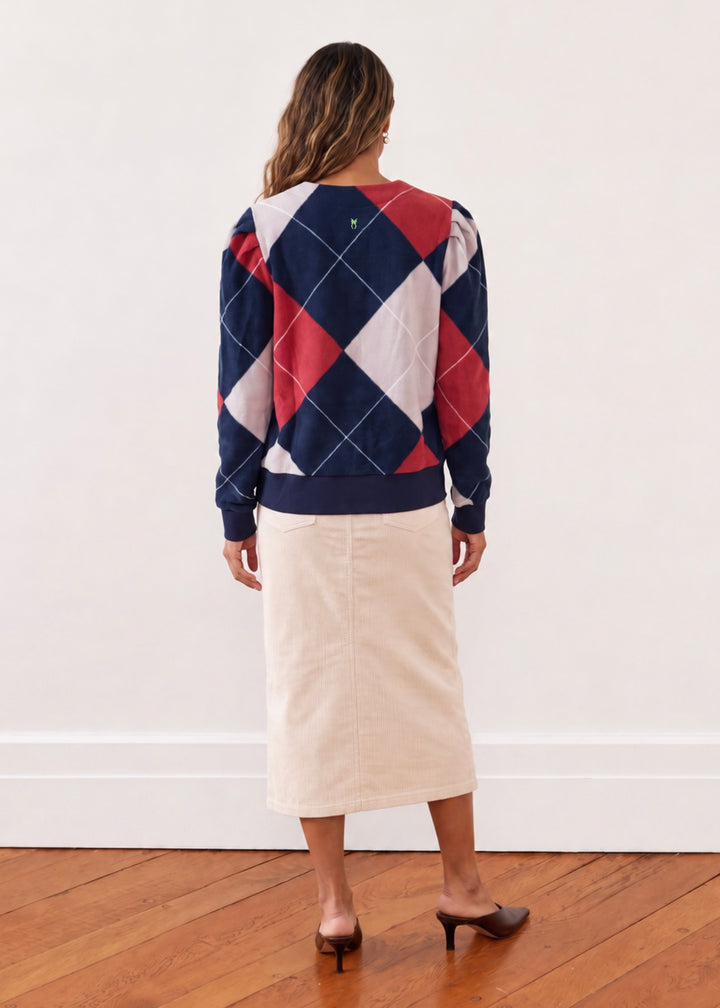 Kelly Puff Sleeve Cardigan in Vello Fleece (Oversized Plaid)