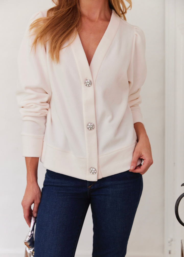 Kelly Puff Sleeve Cardigan in Vello Fleece (Cream)