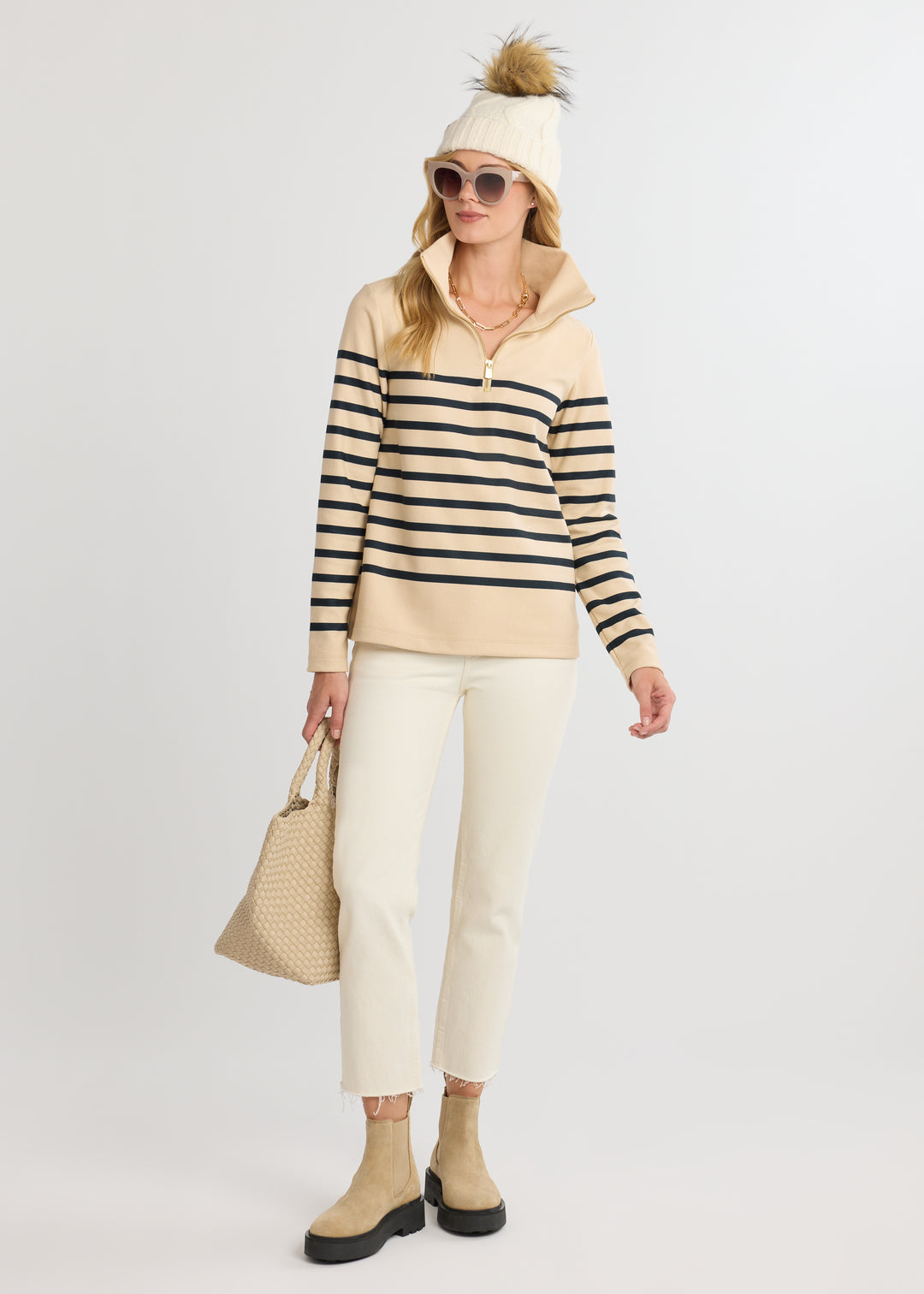 Manchester Pullover in Terry Fleece (Hazelnut/Navy Placed Stripe)