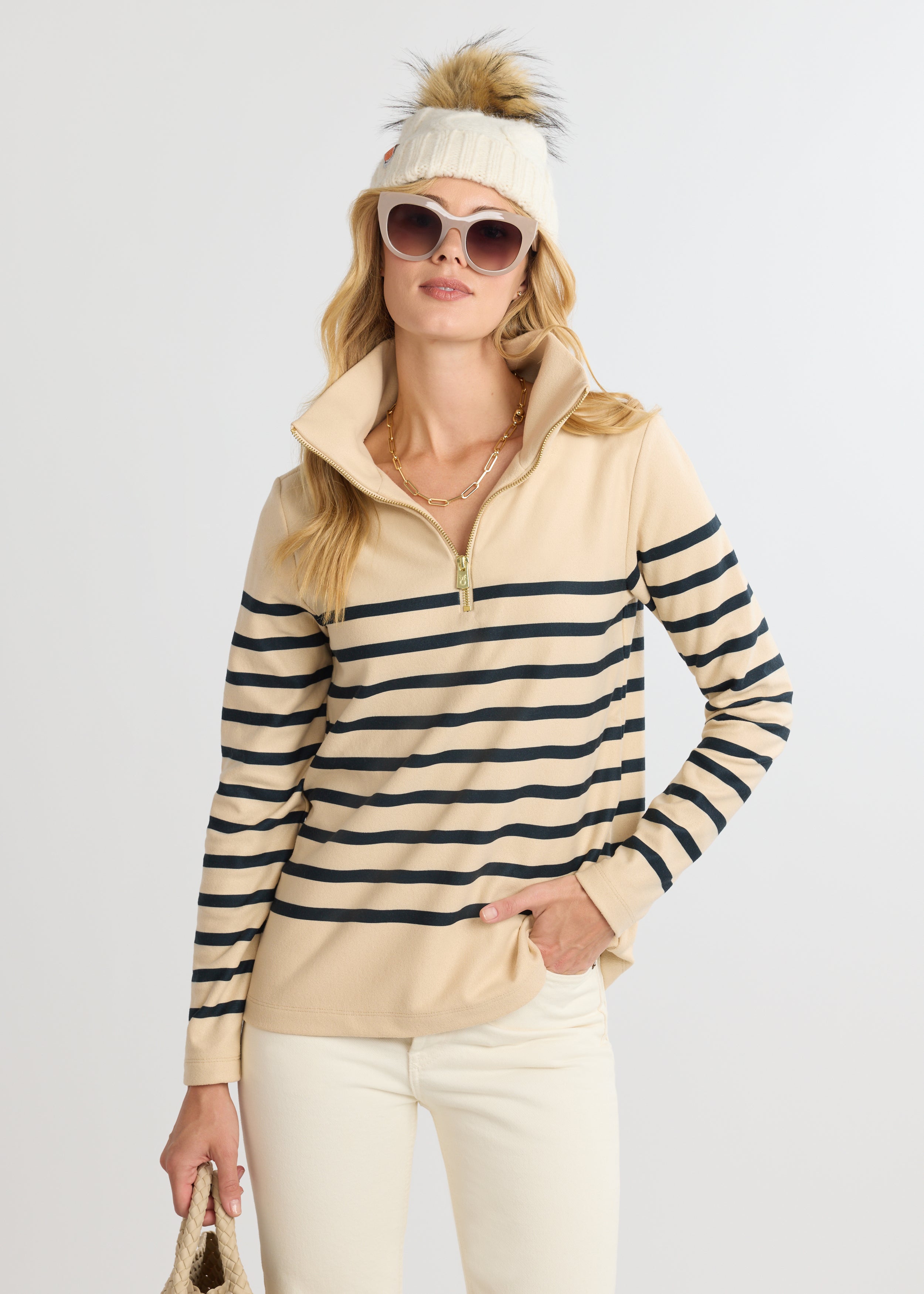 Manchester Pullover in Terry Fleece (Hazelnut/Navy Placed Stripe