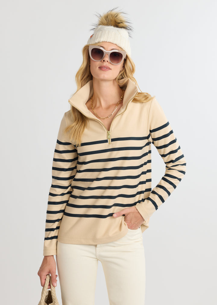 Manchester Pullover in Terry Fleece (Hazelnut/Navy Placed Stripe)