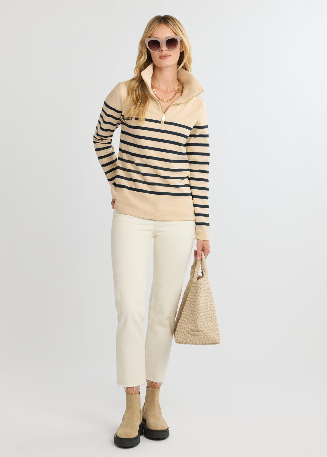 Manchester Pullover in Terry Fleece (Hazelnut/Navy Placed Stripe)