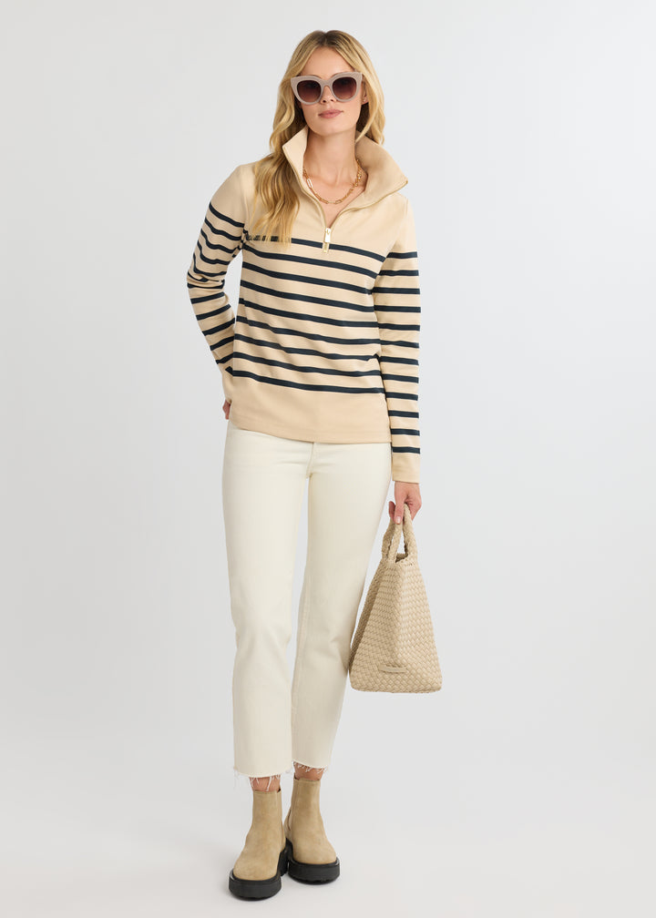 Manchester Pullover in Terry Fleece (Hazelnut/Navy Placed Stripe)