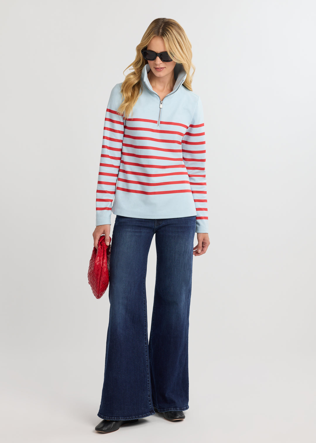 Manchester Pullover in Terry Fleece (Ice Blue/Cherry Red Placed Stripe)