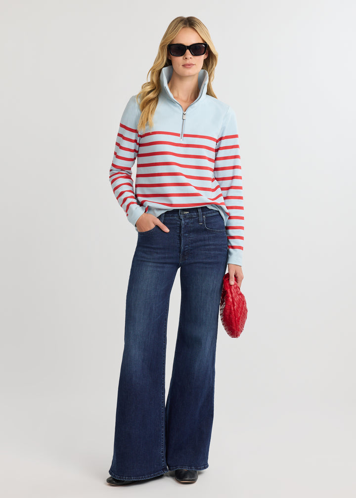 Manchester Pullover in Terry Fleece (Ice Blue/Cherry Red Placed Stripe)