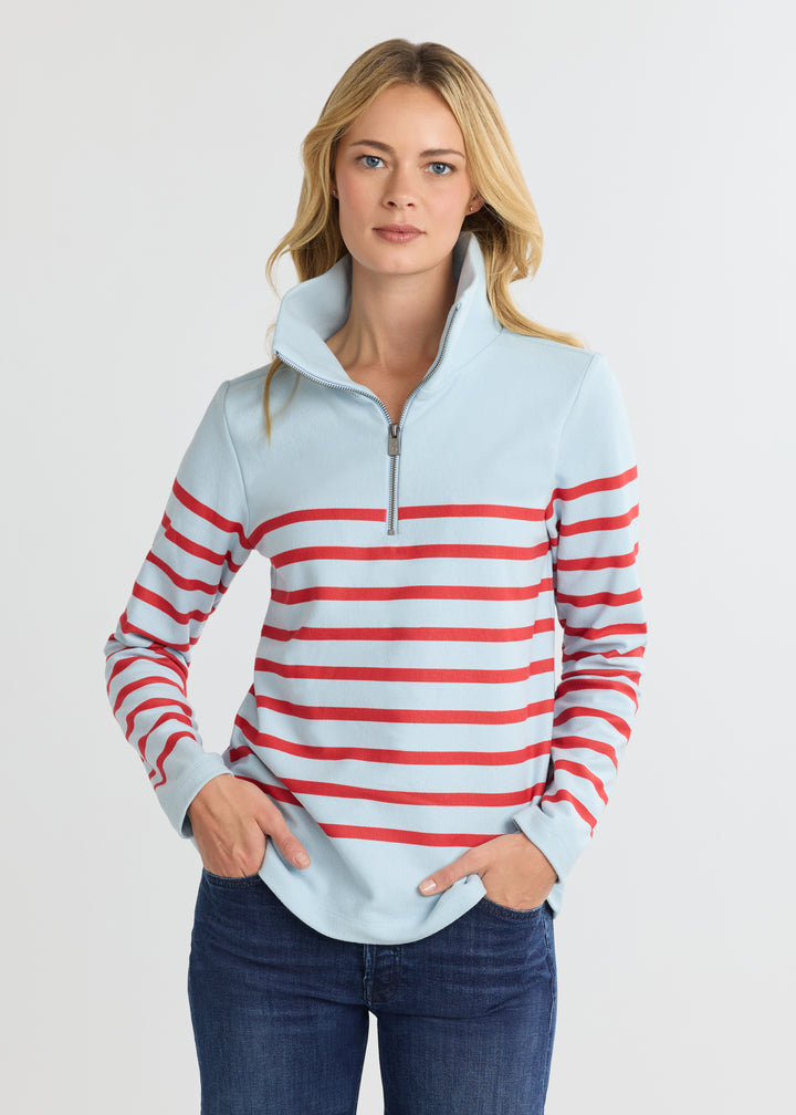 Manchester Pullover in Terry Fleece (Ice Blue/Cherry Red Placed Stripe)