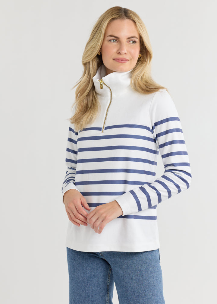 Manchester Pullover in Terry Fleece (White/Velvet Morning Placed Stripe)
