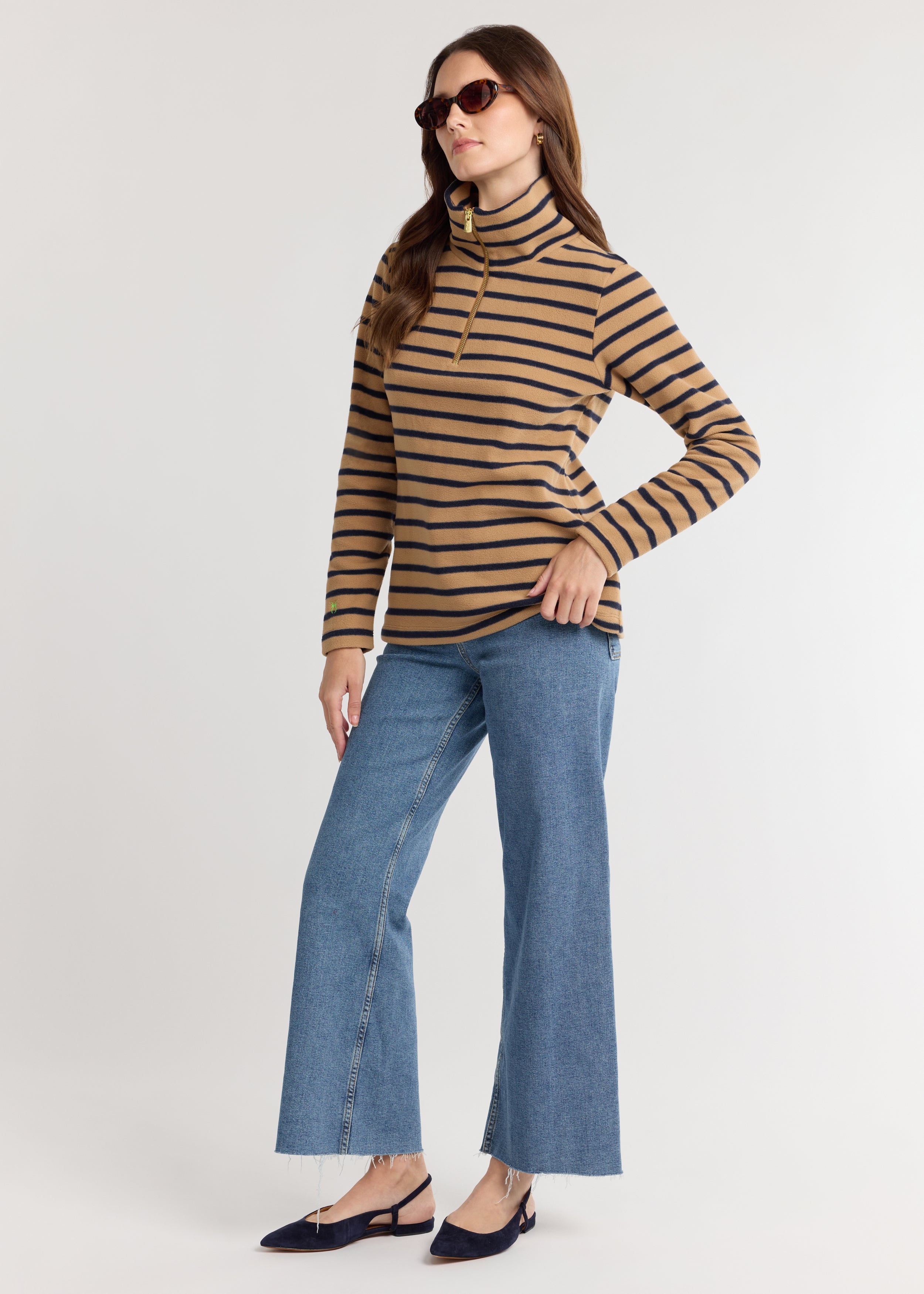Manchester Pullover in Vello Fleece (Camel/Navy Mariner Stripe