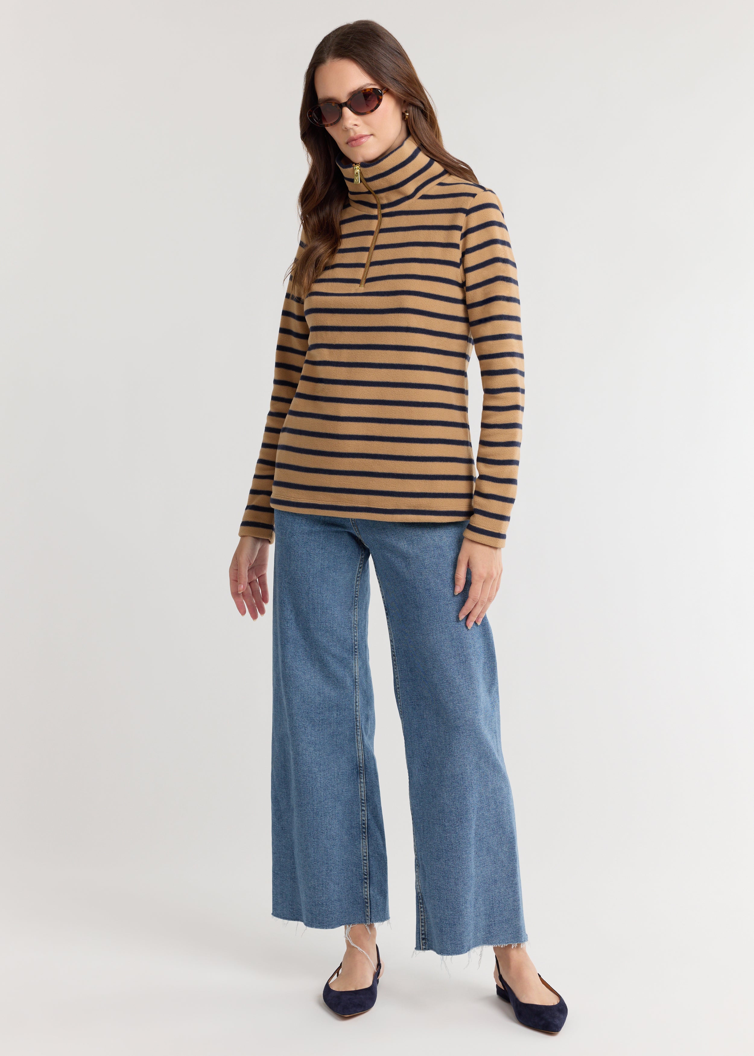 Manchester Pullover in Vello Fleece (Camel/Navy Mariner Stripe
