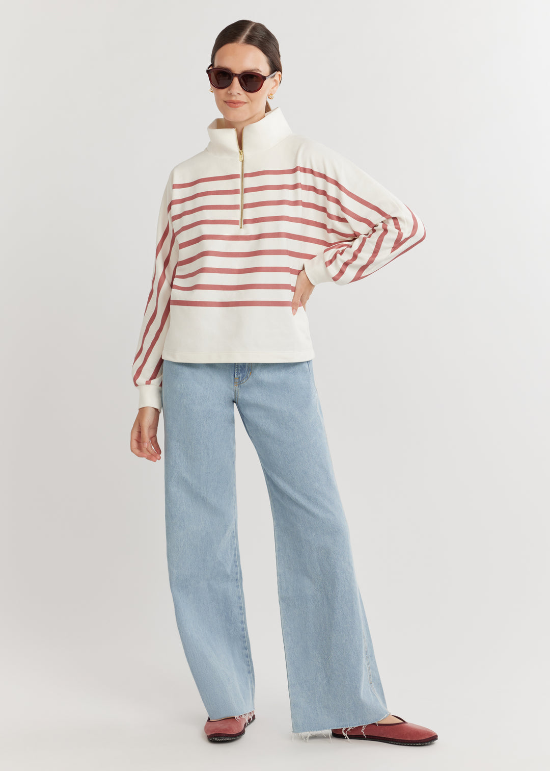 Marion Zip Pullover in Terry Fleece (Cream/Dusty Rose Placed Stripe)