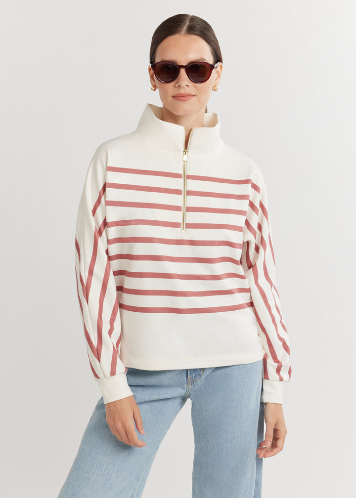 Marion Zip Pullover in Terry Fleece (Cream/Dusty Rose Placed Stripe)