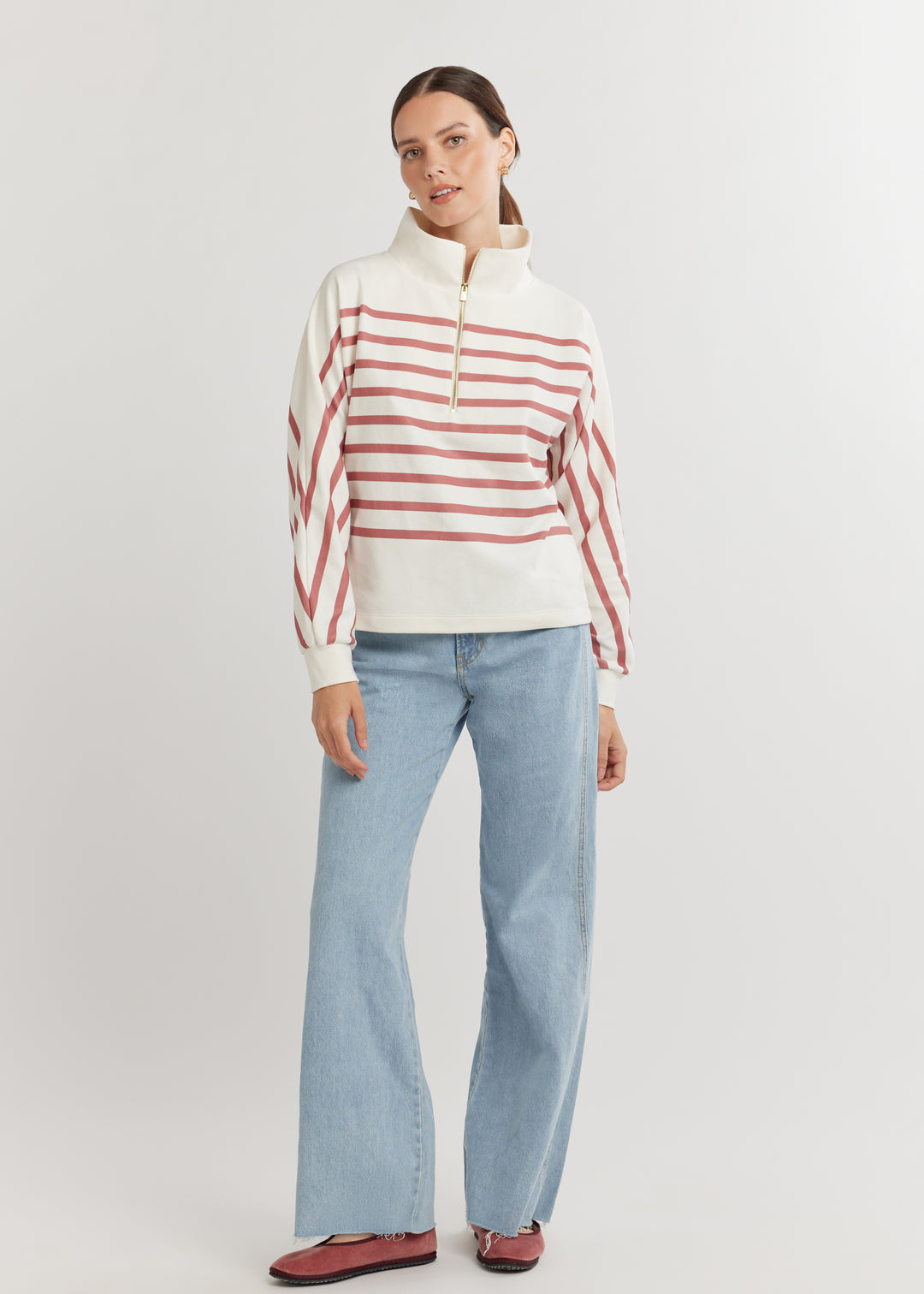 Marion Zip Pullover in Terry Fleece (Cream/Dusty Rose Placed Stripe)
