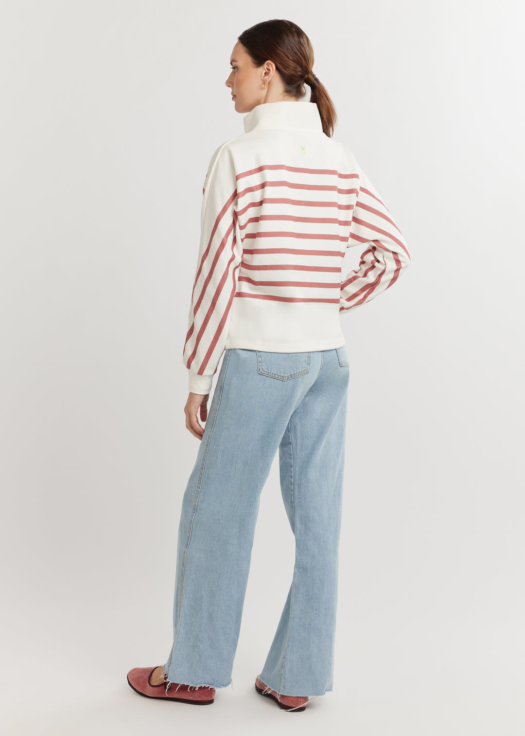 Marion Zip Pullover in Terry Fleece (Cream/Dusty Rose Placed Stripe)