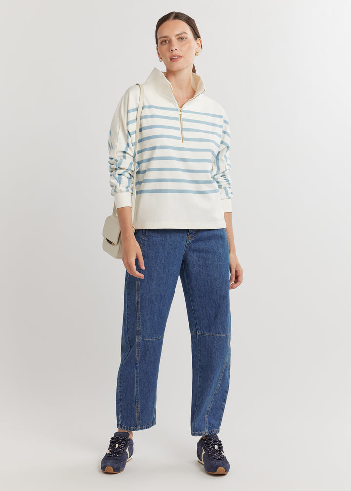 Marion Zip Pullover in Terry Fleece (Cream/Ice Blue Placed Stripe)