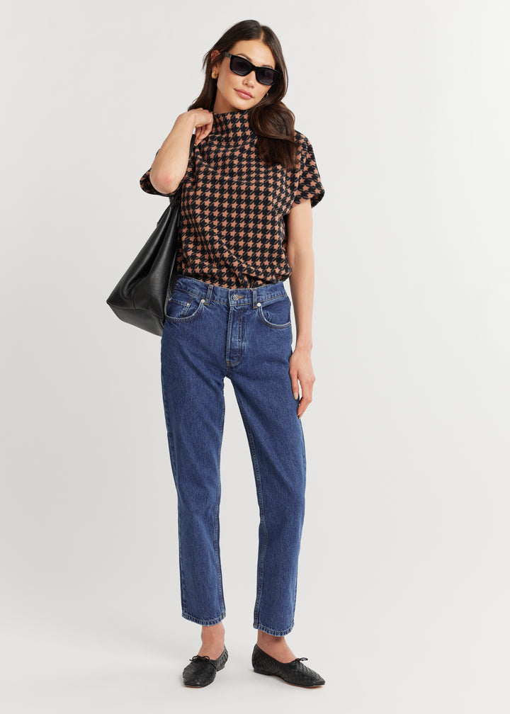 Marks Street Mock Neck in Vello Fleece (Camel/Black Houndstooth)