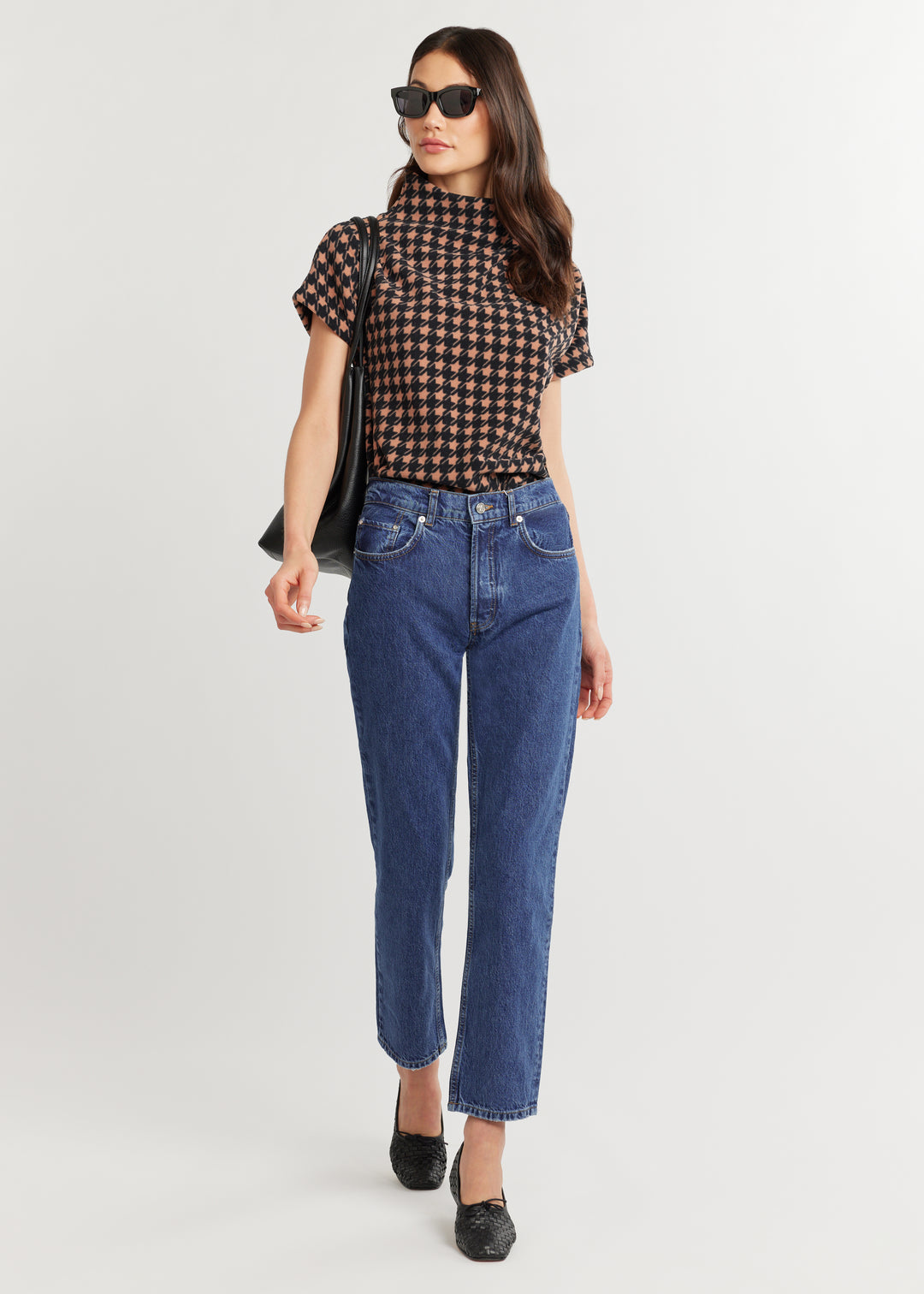 Marks Street Mock Neck in Vello Fleece (Camel/Black Houndstooth)