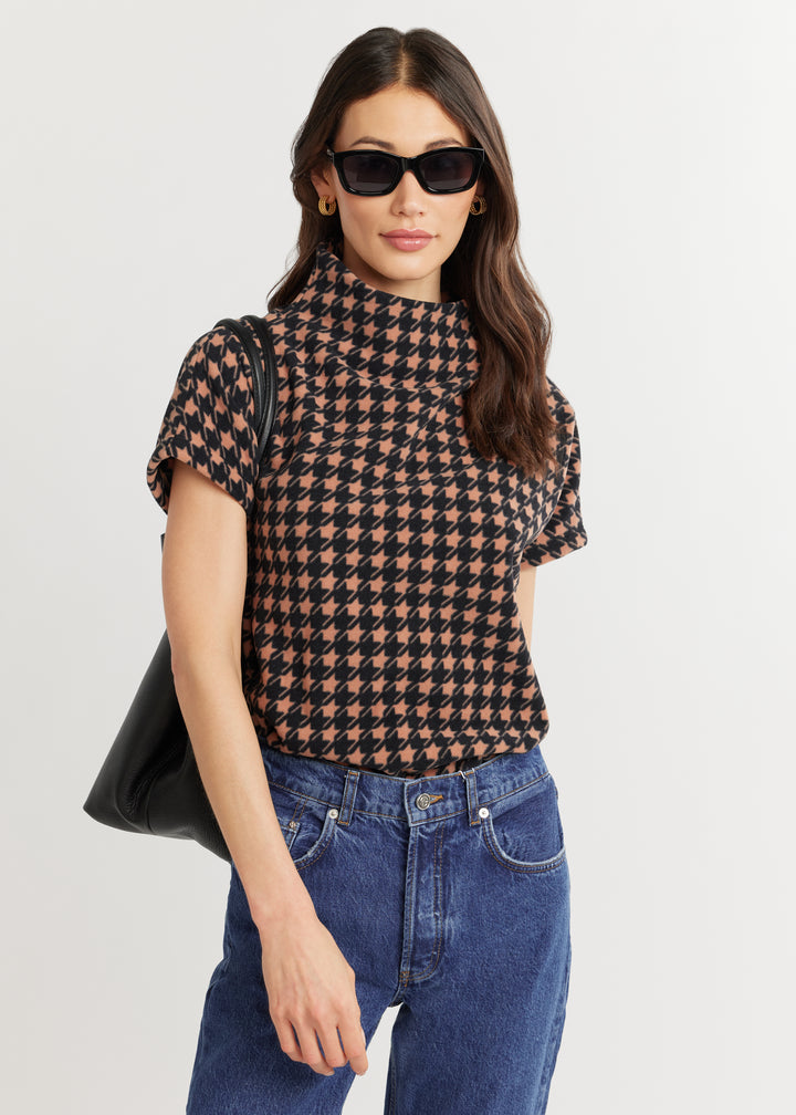 Marks Street Mock Neck in Vello Fleece (Camel/Black Houndstooth)