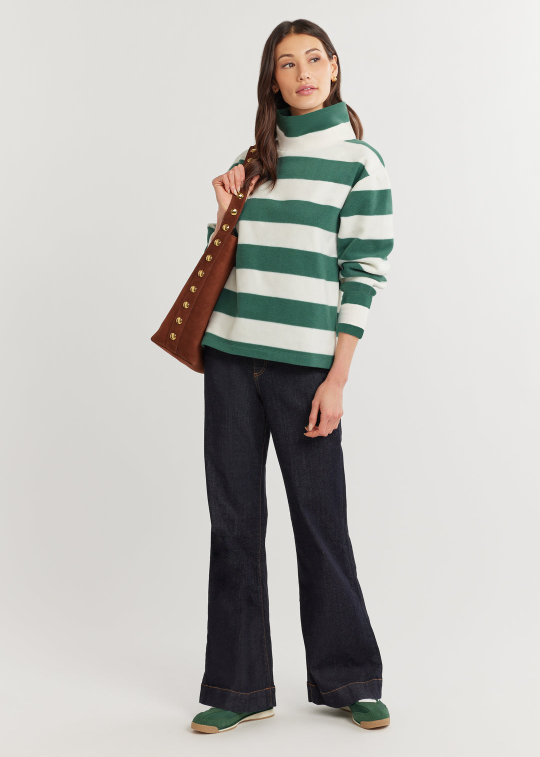 Milton Street Turtleneck in Vello Fleece (Woodland Green/Cream Wide Stripe)