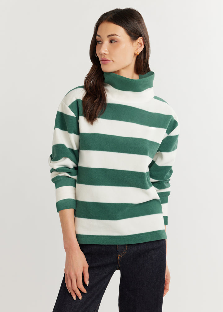 Milton Street Turtleneck in Vello Fleece (Woodland Green/Cream Wide Stripe)