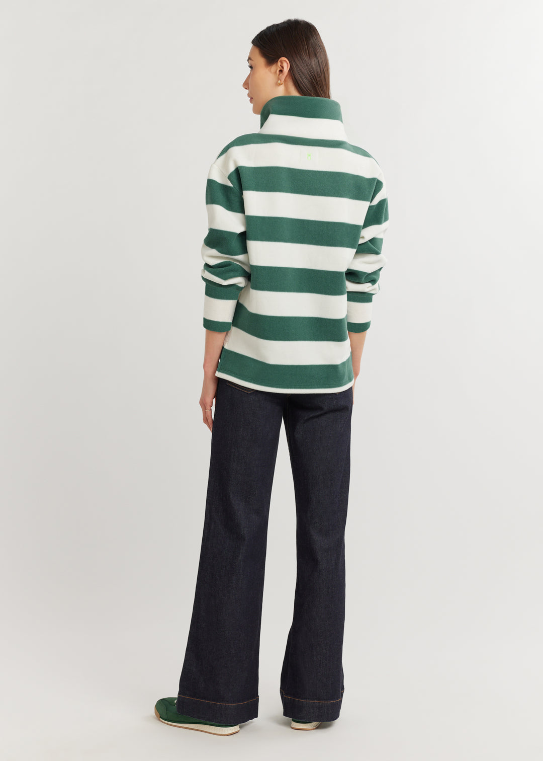 Milton Street Turtleneck in Vello Fleece (Woodland Green/Cream Wide Stripe)