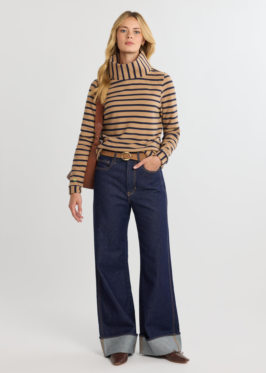 Park Slope Turtleneck in Vello Fleece (Camel/Navy Mariner Stripe)