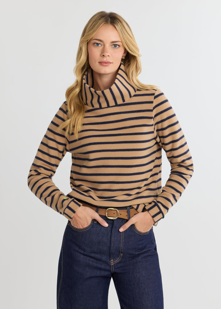 Park Slope Turtleneck in Vello Fleece (Camel/Navy Mariner Stripe)