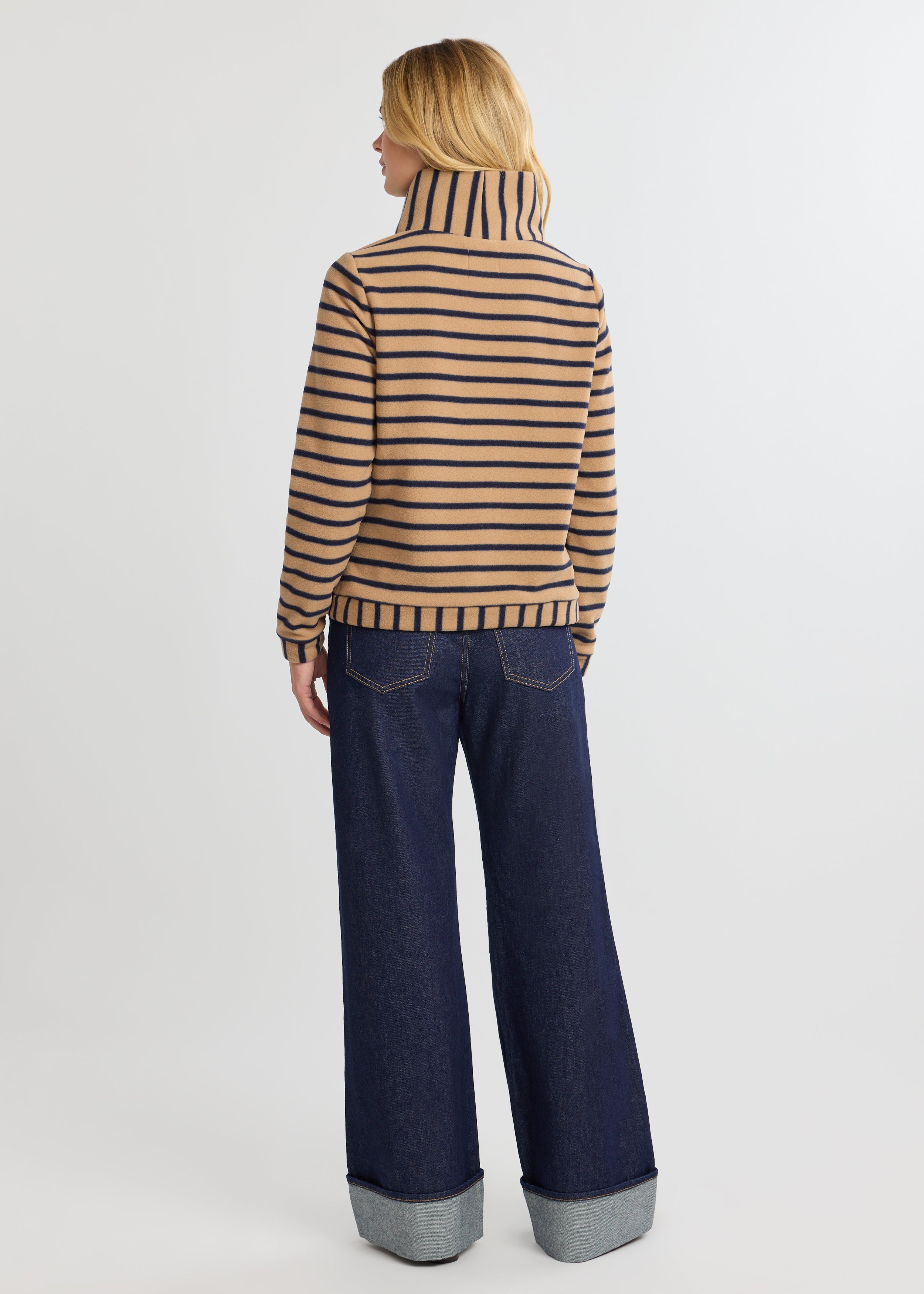 Park Slope Turtleneck in Vello Fleece (Camel/Navy Mariner Stripe