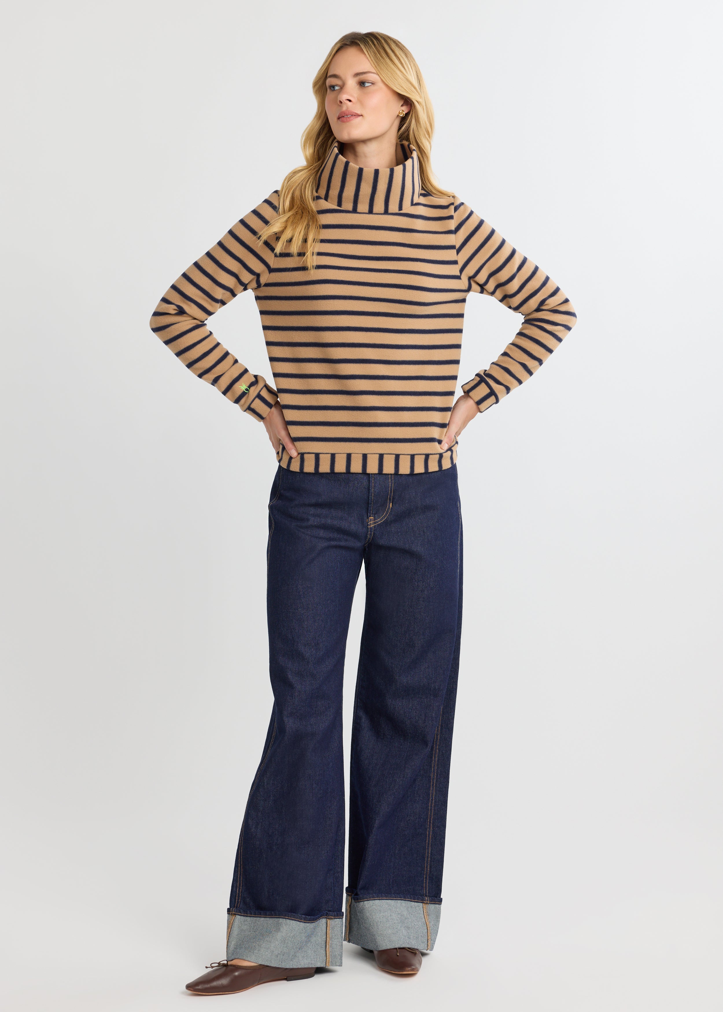 Park Slope Turtleneck in Vello Fleece (Camel/Navy Mariner Stripe