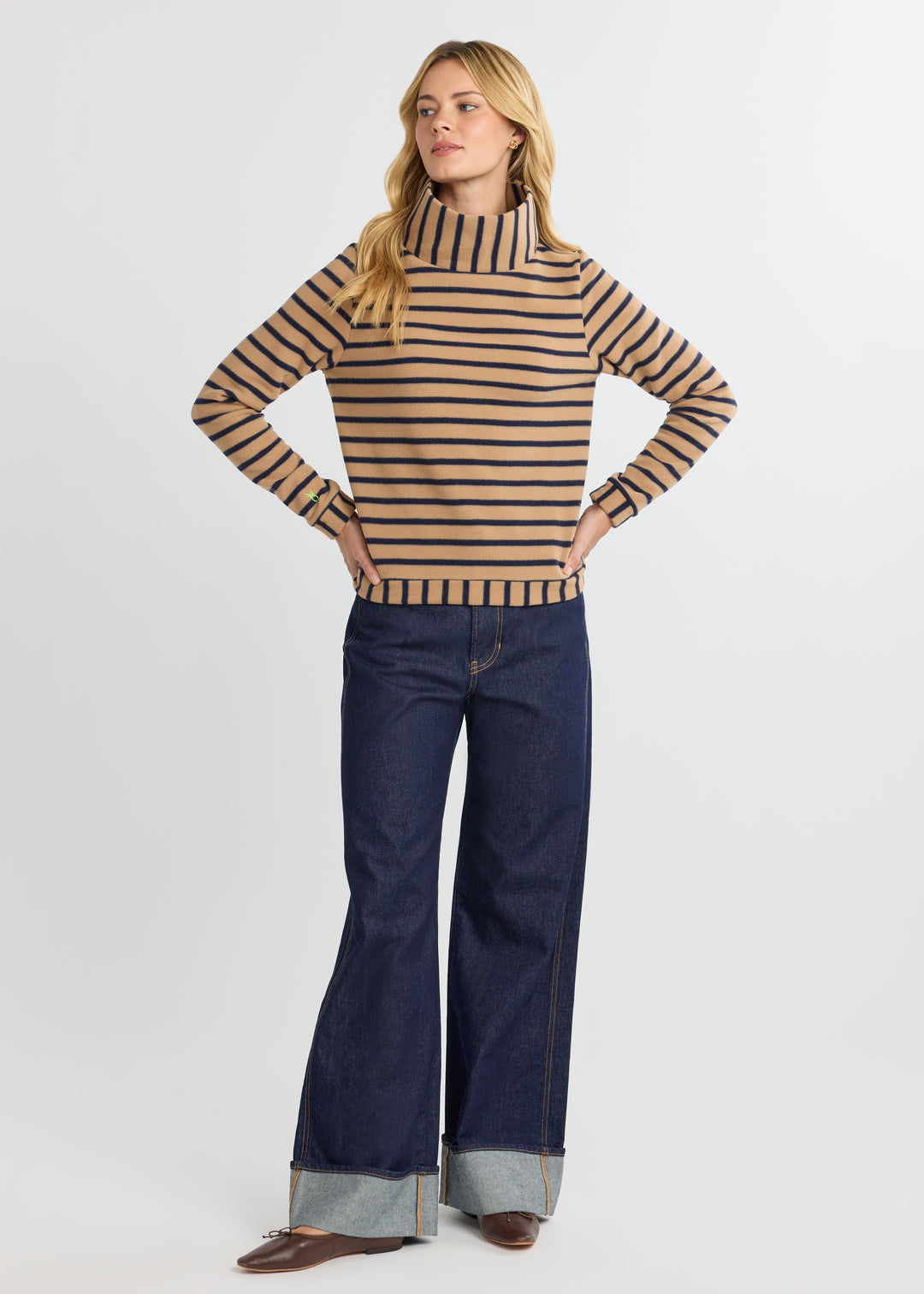 Park Slope Turtleneck in Vello Fleece (Camel/Navy Mariner Stripe)