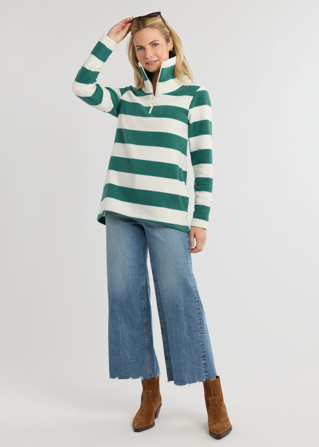 Prospect Pullover in Vello Fleece (Woodland Green/Cream Wide Stripe)