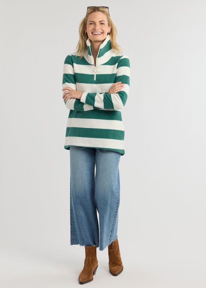 Prospect Pullover in Vello Fleece (Woodland Green/Cream Wide Stripe)