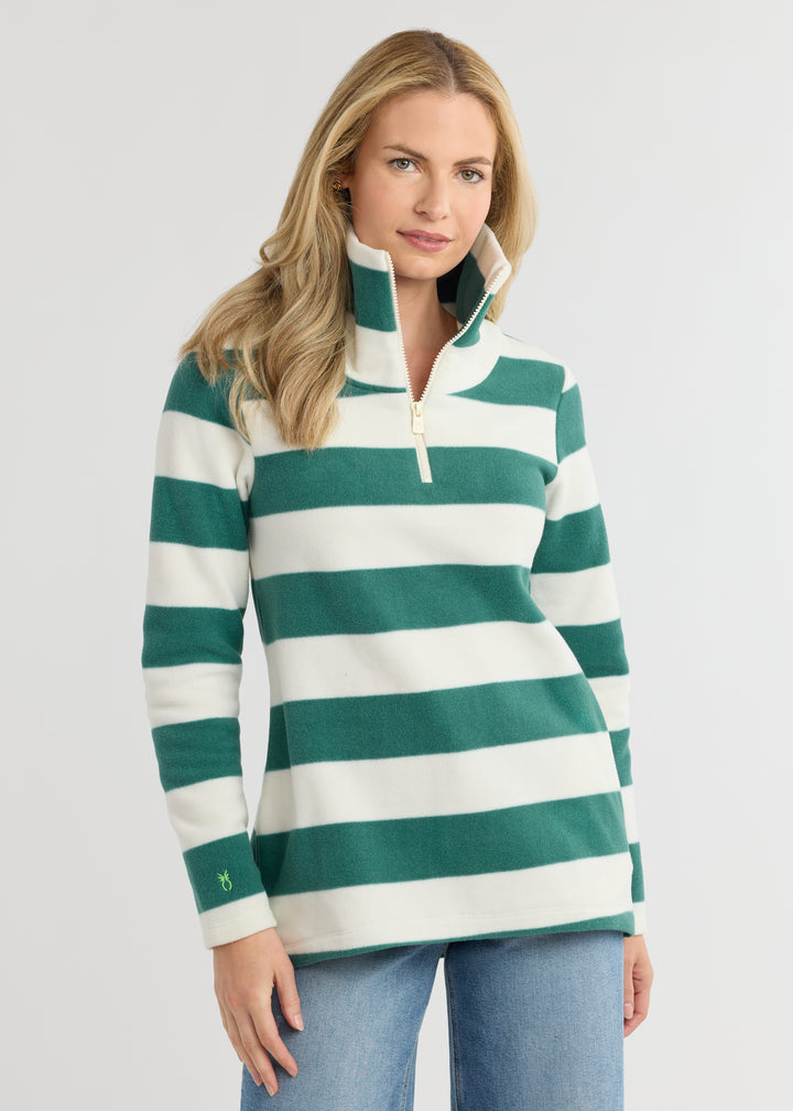 Prospect Pullover in Vello Fleece (Woodland Green/Cream Wide Stripe)