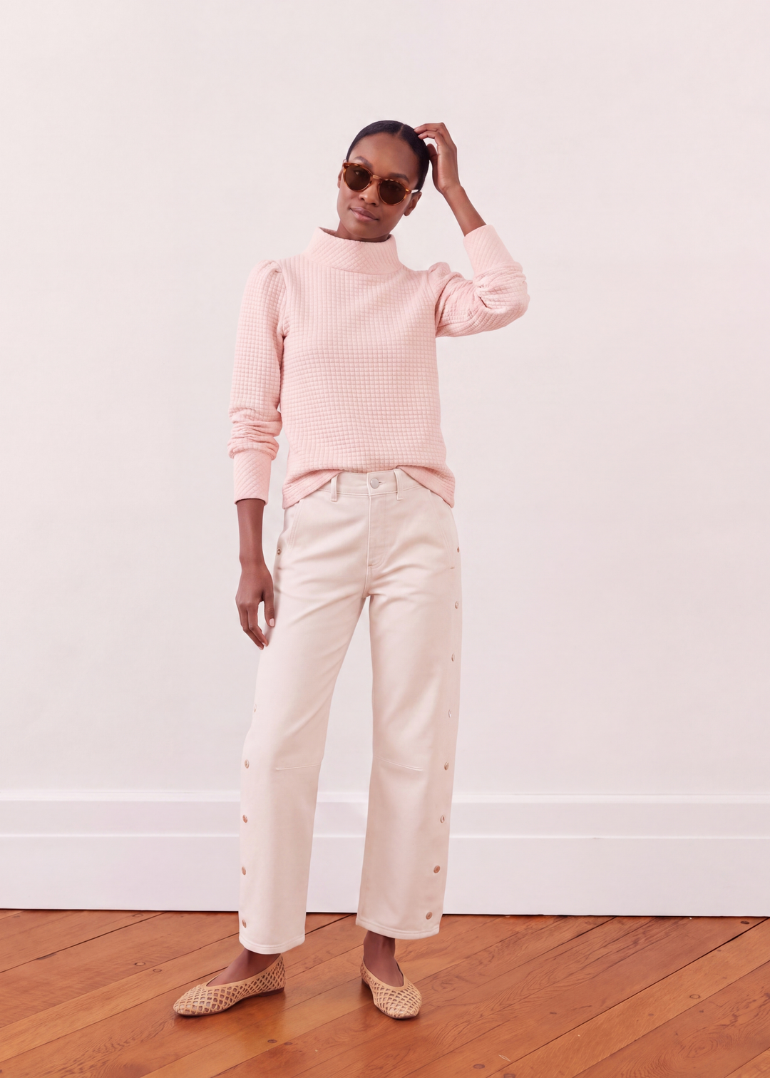 Palace Puff Sleeve Turtleneck in Waffle (Powder Blush)