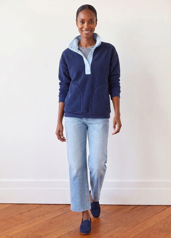 Palomino Pullover in Sherpa Fleece (Navy/Ice Blue)