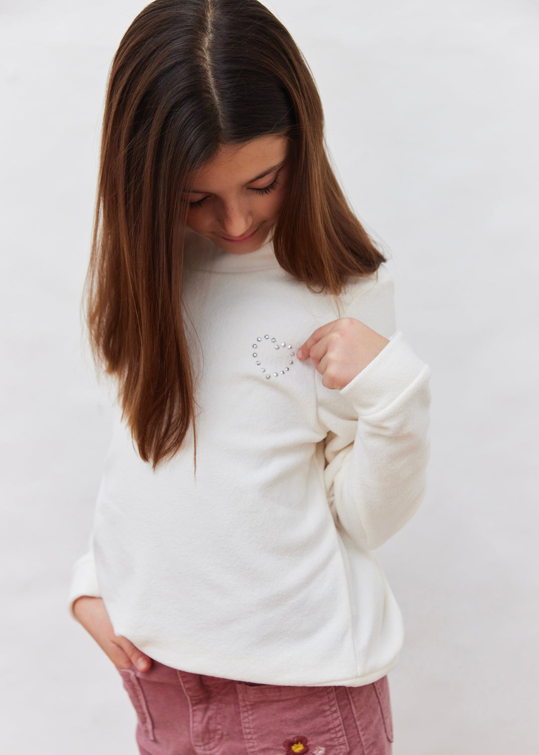 Girls Pippa Turtleneck in Terry Fleece (Cream with Rhinestud Heart)