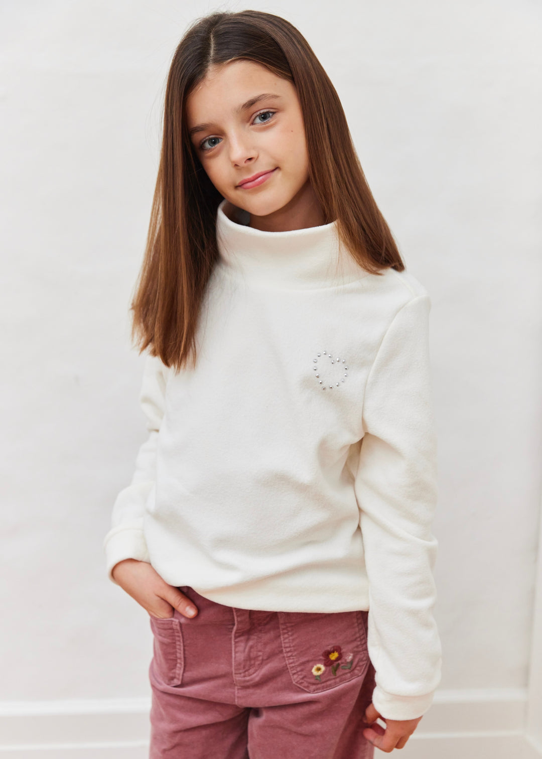 Girls Pippa Turtleneck in Terry Fleece (Cream with Rhinestud Heart)