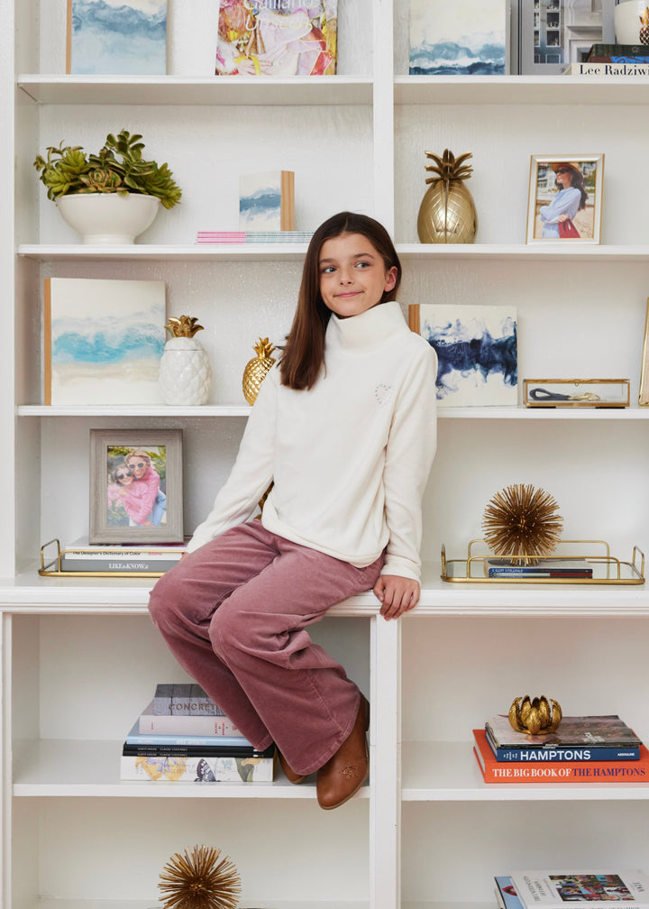 Girls Pippa Turtleneck in Terry Fleece (Cream with Rhinestud Heart)
